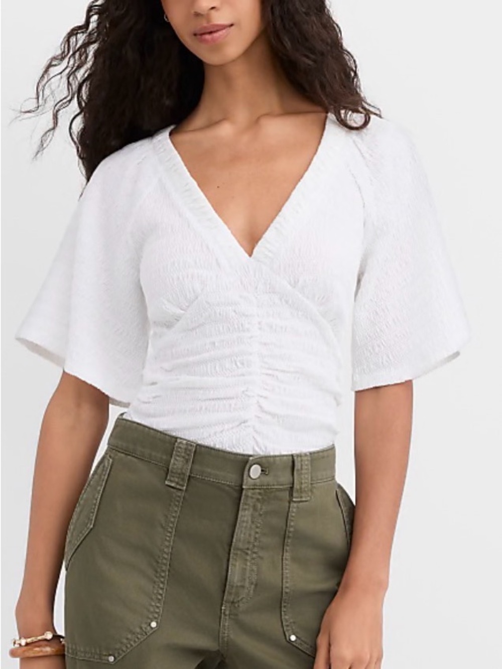 LOFT White V-Neck Ruched Wrap Top with Flutter Sleeves